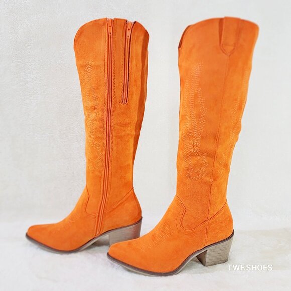 Wild Ones Orange Faux Suede Country Western Cowgirl Knee Boots - Picture 9 of 15